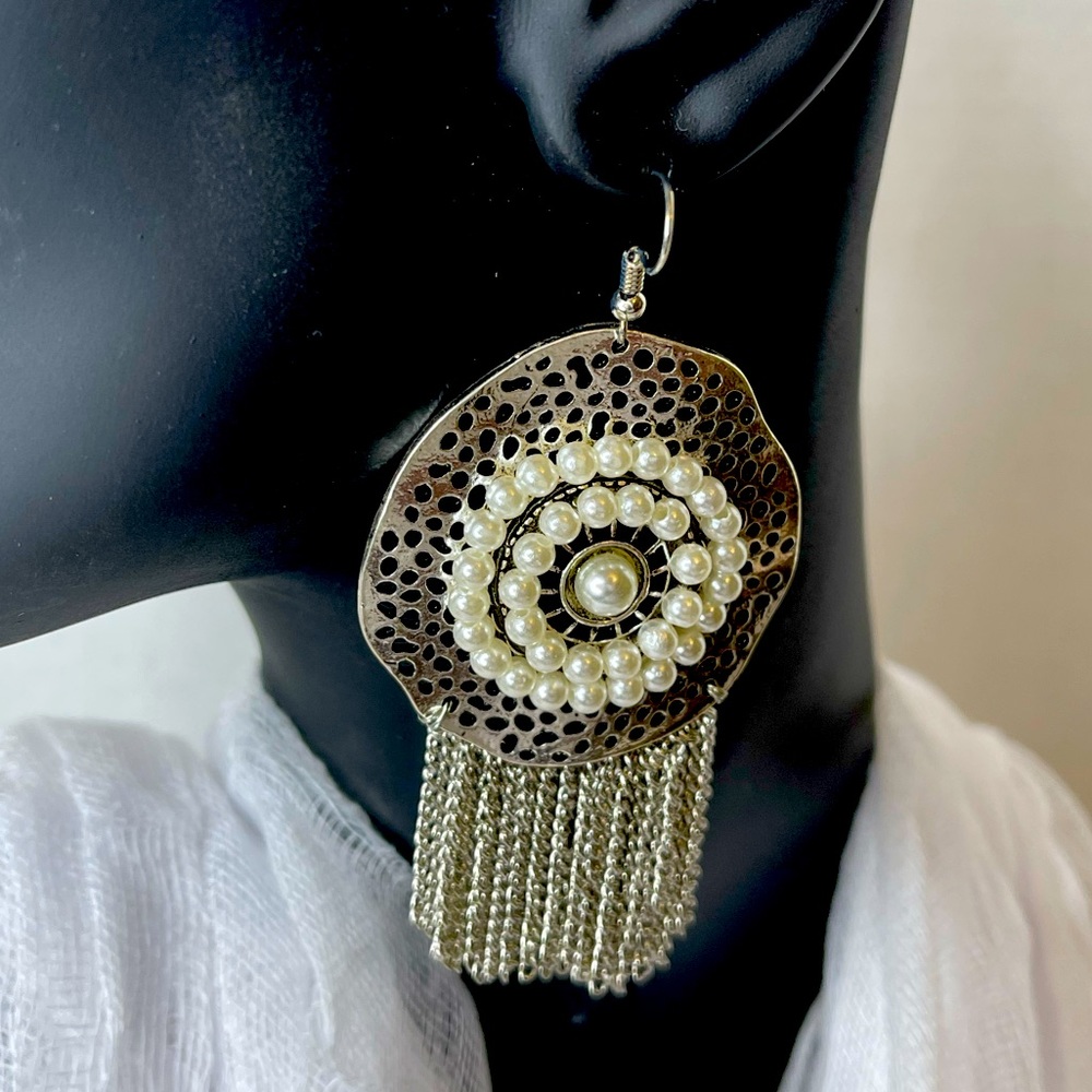 New Silver Pearl Fringe Earrings